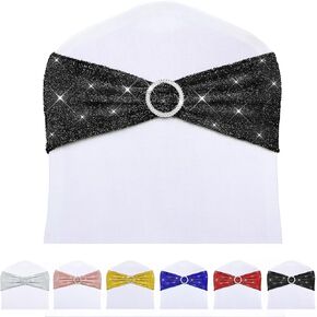 LEBENGURU Glitter Chair Sashes, 10PCS Metallic Chair Cover Band with Buckle Slider, Universal Elastic Chair Bows for Wedding Party Ceremony Reception Banquet Decoration (Silver)