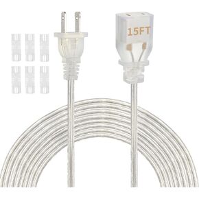 Clear Extension Cord, UL-Certified 2 Prong Extension Cord, 15 Ft Extension Cord, Male to Female Indoor Extension Cord 2 x 16 AWG 250V 10A, Thin Extension Cord for Lighting, Appliance