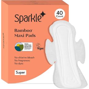 Sparkle Bamboo Maxi Pads | Plant Based Sanitary Pads for Women | Super Soft & Leak-Proof Sanitary Pads with Wings | USDA Certified Biobased, Chlorine-Free, Hypoallergenic | Super, 40 Count