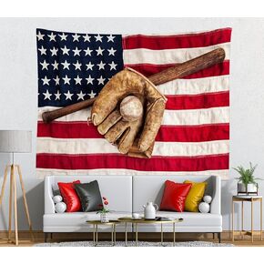 Loccor Baseball Tapestry Vintage Baseball League Equipment Tapestry Bat Glove and Baseball on American Flag Wall Hanging Sport Tapestry for Men Boys Bedroom Wall Decor 80''x60''