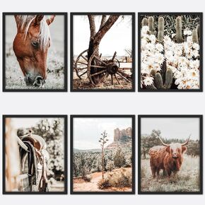CCMXMKO Retro Western Highland Cow Wall Art Country Room Decor Set of 6 Farmhouse Wall Art Desert Cactus Horse Pictures Wall Decor Boho Rustic Wall Decor for Living Room Poster.