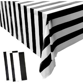 peony man 2 Pieces Black and White Striped Tablecloth Plastic Stripe Table Cover Waterproof Rectangle Tablecloth for Holiday Party Picnic Decoration
