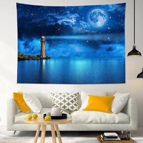 HVEST Moon Night Sky Tapestry Wall Hanging Full Moon and Galaxy Starry Night with Lighthouse over the Ocean Wall Hanging Tapestry Nature Cloud Tapestry for Bedroom Living Room Wall Decor, 60X40 Inches