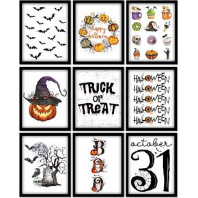 Whaline 9Pcs Halloween Wall Art Prints 8x10 Inch Pumpkin Bat Trick or Treat Art Poster Decor Halloween Vintage Art Prints for Gothic Home Room Decor Halloween Gallery Wall Decoration (UNFRAMED)