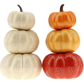Woration White Artificial Shiny Crack Pumpkin Creative Fake Stacked Tower Design Pumpkin Decoration Halloween Autumn Fall Home Festival Harvest Christmas Display 3 Layers