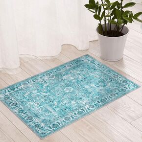 Doria Boho Runner Rug, 2'6''×9' Washable Oriental Rug, Non-Slip Vintage Floral Rug, Non-Shedding Traditional Carpet with Low Pile for Bedroom, Bathroom, Kitchen, Laundry, Turquoise Blue