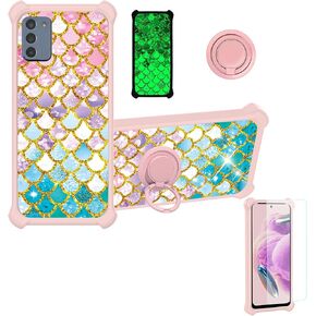 jioeuinly Nokia C300 Case Compatible with Nokia G310 5G Phone Case Cover [with Tempered Glass Screen Protector][Hard PC + Soft Silicone][Ring Support] [Gold Glitter+Luminous] JSF-YL