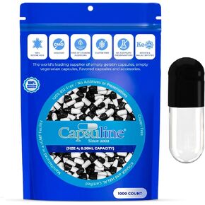 Capsuline Size 4 Empty Gelatin Capsules, Black/Clear - 5000 Count | Gluten Free, Kosher, Non-GMO Certified | Pure Bovine Pill Caps For DIY Supplement Filling