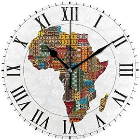 ALAZA Africa Ethnic Map with Countries Round Wall Clock, Silent Non Ticking Oil Painting Home Office School Decorative Clock Art