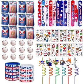 XIPEGPA 72 PCS Baseball Party Favors Set Baseball Gift Bags Slap Bracelets Straws Silicone Bracelets Tattoo Stickers Mini Baseballs for Goodie Bag Fillers Baseball Themed Birthday Party Supplies