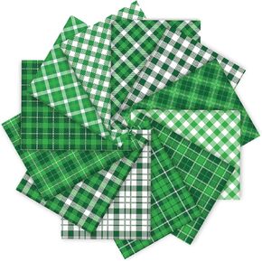 Whaline 12Pcs St. Patrick's Day Cotton Fabric Bundles 18 x 22 Inch Green Buffalo Plaid Printed Fat Quarters Plaid Quilting Patchwork Squares Sewing Fabrics for DIY Handmade Crafting Home Party Decor