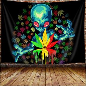 Cool Weed Tapestry for Men, Trippy Alien Stuff Marijuana Leaf Tapestry Wall Hanging for Bedroom, Psychedelic Tie Dye Stoner Tapestries Poster Beach Blanket College Dorm Home Decor (60X40)