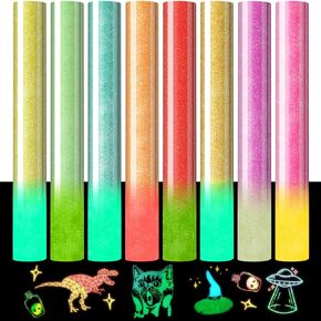 Heflashor Glow in Dark Puff Vinyl Heat Transfer, 8 Sheets Assorted Colors 3D Puffy HTV Vinyl 12" x 10" for Heat Press T-Shirts, Bags Crafts Supplies