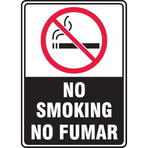 Accuform SBMSMK509VA Aluminum Spanish Bilingual Safety Sign, Legend "NO Smoking/NO FUMAR" with Graphic, 10" Length x 7" Width, Red/Black on White