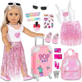 ebuddy 18 Inch Doll Clothes and Accessories-Fashion Fringe Dress with Travel Suitcase Backpack Manicure Playset Including Tassel dress set, Suitcase, Backpack, Glasses, Shoes, Nail kit(No Doll)
