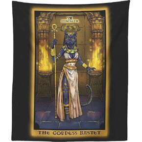 The Goddess Bastet Strength Tarot Card Tapestry - Egyptian Cat Goddess Bast Pagan Witch Wall Hanging Home Decor (60" x 50")