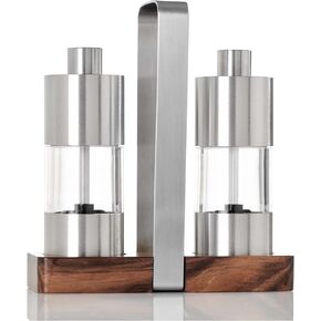 AdHoc Menage Classic Salt and Pepper Mill Gift Set - Glass Salt & Pepper Grinder Set - Fully Adjustable Salt & Peppercorn Mill - Mill Tray Included - Kitchen Tool & Gadget - Stainless Steel/Acacia, 6"
