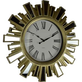 Sunburst Wall Clock 19" Hanging Starburst Midcentury Mirrored Clock in Gold