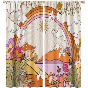 Vintage Groovy Sun Curtains, Abstract 70s Boho Aesthetic Rainbow Hippie Mid Century Colorful Funky Wave Orange Yellow Blackout Rod Pocket Window Treatments Drapes for Bedroom Living Room 52x84in