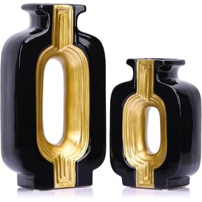 Square Black Vase, Ceramic Black and Gold Vase Set of 2, Modern Boho Decorative Vases for Kitchen, Bedroom, Office, Living Room, Bathroom, & Shelf Decor, Centerpiece Table Decorations