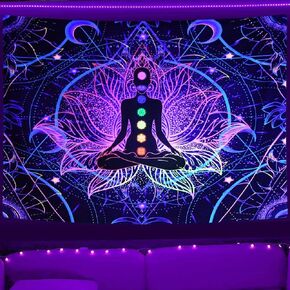 JAWO Blacklight Trippy Seven Chakra Tapestry, UV Reactive Yoga Meditation Zen Decor Tapestry Wall Hanging, Hippie Mandala Boho Spiritual Tapestries Glow in The Dark Aesthetic Decor 40 x 30 Inch