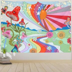 SENYYI Cute Mushroom Tapestry Wall Hanging 70s Rainbow Tapestry Vintage Sun Tapestry Flower and Hippie Eye Tapestry for Room (51.2 x 59.1 inches)