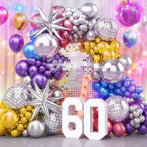 Longwu 141Pcs Metallic Balloon garland arch kit Disco Dance Party decorations with Chrome Blue Red Purple Silver Disco ball balloons for 70s 80s 90s Themed Birthday graduation Party Anniversary Party
