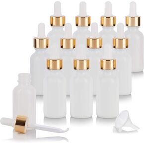 JUVITUS 1 oz / 30 ml Opal White Glass Boston Round Bottle with Gold Metal and Glass Dropper (24 pack) + Funnel