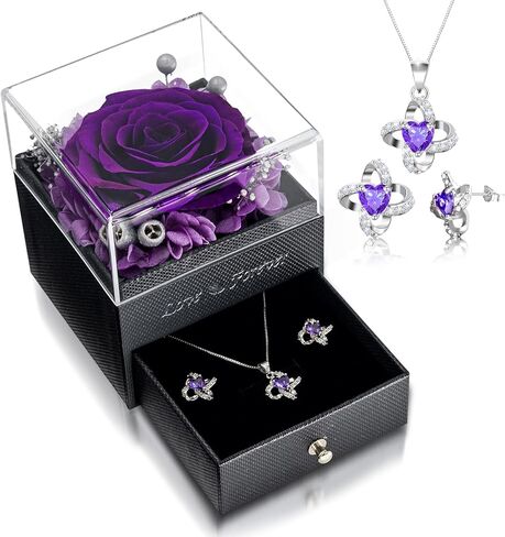 Preserved Real Rose with Necklace Earrings Set, Eternal Rose Flowers Gifts for Anniversary Birthday Valentine's Day Mothers Day Christmas, Jewelry Set for Women Mom Girlfriend Wife Grandma Her in Saudi Arabia