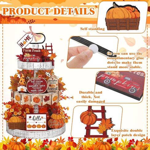 Thyle 15 Pcs Fall Tiered Tray Decor Pumpkin Maple Leaf Tray Decor Farmhouse Fall Decor for Home Fall Wooden Block Signs Autumn Thanksgiving Truck Table Decor in Saudi Arabia