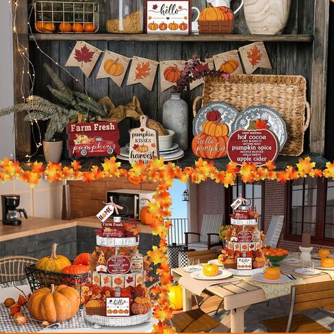 Thyle 15 Pcs Fall Tiered Tray Decor Pumpkin Maple Leaf Tray Decor Farmhouse Fall Decor for Home Fall Wooden Block Signs Autumn Thanksgiving Truck Table Decor in Saudi Arabia