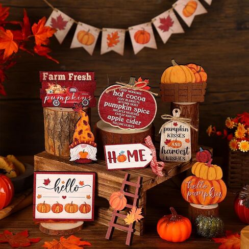 Thyle 15 Pcs Fall Tiered Tray Decor Pumpkin Maple Leaf Tray Decor Farmhouse Fall Decor for Home Fall Wooden Block Signs Autumn Thanksgiving Truck Table Decor in Saudi Arabia