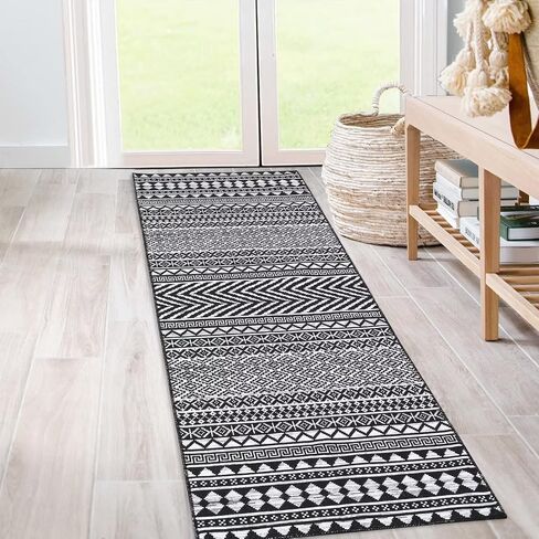COZYLOOM Washable Rug 2x12 Vintage Low Pile Entryway Rug Runner Boho Geometric Hallway Runners Moroccan Distressed Runner Rug Kitchen Mat Chenille Living Room Home Office Runner Rug, Black in Kuwait