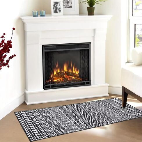 COZYLOOM Washable Rug 2x12 Vintage Low Pile Entryway Rug Runner Boho Geometric Hallway Runners Moroccan Distressed Runner Rug Kitchen Mat Chenille Living Room Home Office Runner Rug, Black in Kuwait