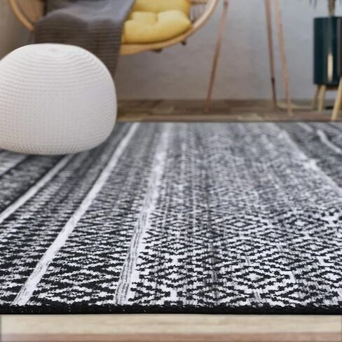 COZYLOOM Washable Rug 2x12 Vintage Low Pile Entryway Rug Runner Boho Geometric Hallway Runners Moroccan Distressed Runner Rug Kitchen Mat Chenille Living Room Home Office Runner Rug, Black in Kuwait