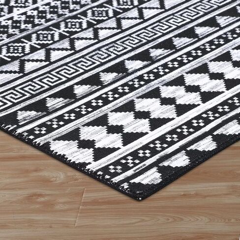 COZYLOOM Washable Rug 2x12 Vintage Low Pile Entryway Rug Runner Boho Geometric Hallway Runners Moroccan Distressed Runner Rug Kitchen Mat Chenille Living Room Home Office Runner Rug, Black in Kuwait