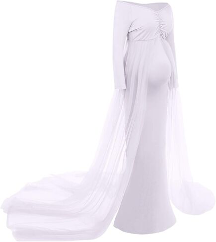 فستان حمل انيق للنساء الحوامل باكمام طويلة وقبة V وقصة ضيقة من الشيفون لالتقاط الصور in Kuwait