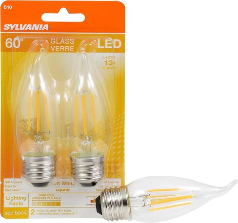 SYLVANIA B10 LED Light Bulb, 60W Equivalent Efficient 5W, 13 Year, Bent Tip, Candelabra Base, 500 Lumens, 2700K, Soft White, Clear - 2 Pack (79766) in Saudi Arabia