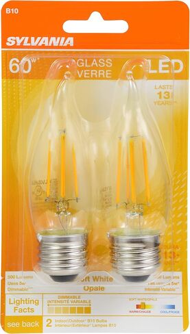 SYLVANIA B10 LED Light Bulb, 60W Equivalent Efficient 5W, 13 Year, Bent Tip, Candelabra Base, 500 Lumens, 2700K, Soft White, Clear - 2 Pack (79766) in Saudi Arabia