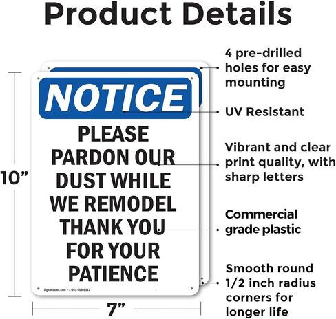 (2 Pack) Please Pardon Our Dust While We OSHA Notice Sign 7 Inch X 10 Inch Plastic Sign, Weather Resistant, UV Protected for Workplace, Business, and Construction Site, Made in the USA in Saudi Arabia