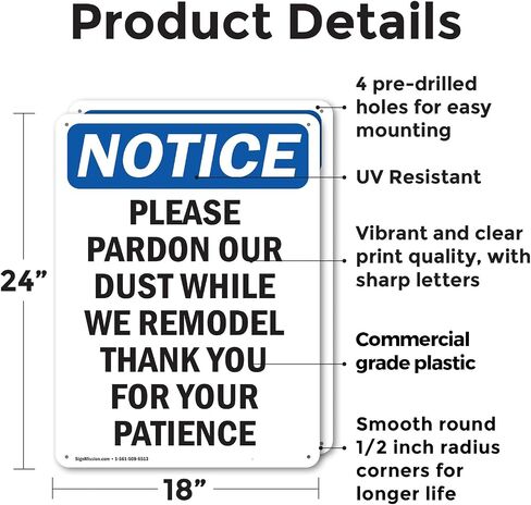 (2 Pack) Please Pardon Our Dust While We OSHA Notice Sign 7 Inch X 10 Inch Plastic Sign, Weather Resistant, UV Protected for Workplace, Business, and Construction Site, Made in the USA in Saudi Arabia