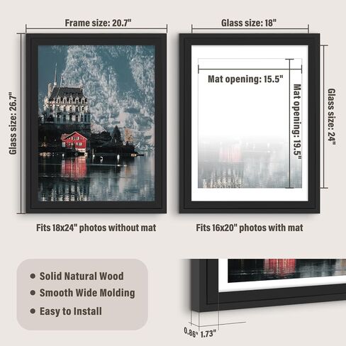 AUEAR, Solid Wood 18X24 Poster Frame - Displays 16X20 Pictures with Mat or 18X24 Without Mat, Wide Moulding Frame for Wall Mounting Display, Photo Frames (Black, 1 Pack) in Saudi Arabia
