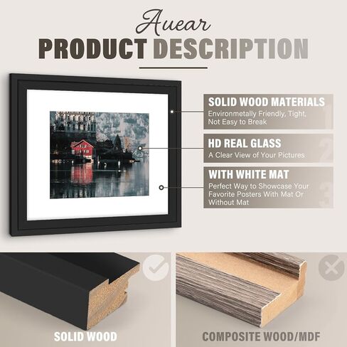 AUEAR, Solid Wood 18X24 Poster Frame - Displays 16X20 Pictures with Mat or 18X24 Without Mat, Wide Moulding Frame for Wall Mounting Display, Photo Frames (Black, 1 Pack) in Saudi Arabia