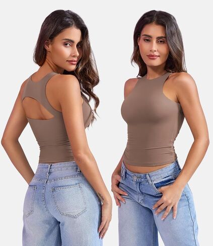 YEOREO Double Lined Tank Tops for Women High Neck Basic Y2K Going Out Tops Breynne Open Back Workout Yoga Crop Top in Saudi Arabia