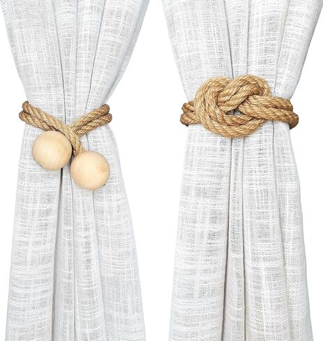 2pcs Magnetic Curtain Tiebacks, Rope Curtain holdbacks, Wood Beads Curtain ties, Outdoor Curtain Tie Backs for Thin or Thick Window Draperies, Blackout Curtains, Decorative Clips for Boho Room Decor in Saudi Arabia