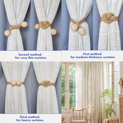2pcs Magnetic Curtain Tiebacks, Rope Curtain holdbacks, Wood Beads Curtain ties, Outdoor Curtain Tie Backs for Thin or Thick Window Draperies, Blackout Curtains, Decorative Clips for Boho Room Decor in Saudi Arabia