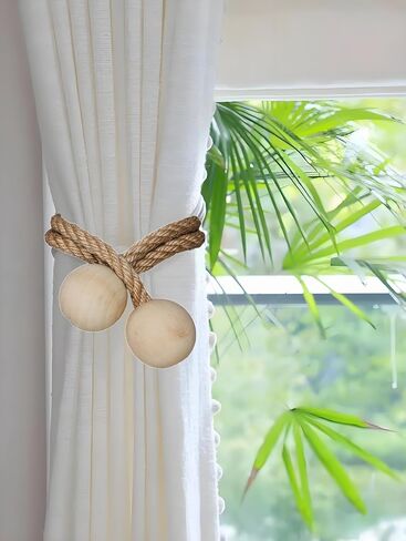 2pcs Magnetic Curtain Tiebacks, Rope Curtain holdbacks, Wood Beads Curtain ties, Outdoor Curtain Tie Backs for Thin or Thick Window Draperies, Blackout Curtains, Decorative Clips for Boho Room Decor in Saudi Arabia