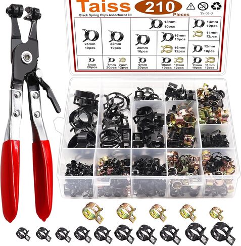 Taiss 121PCS 6-22mm Black Spring Band Hose Clamp Assortment Kits with Swivel Flat Hose Clamp Plier.Low Pressure Air Clip Strap Clamp for Hose Fuel Silicone Vacuum Hose Clamp in Kuwait
