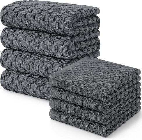 Fintale 100% Cotton Kitchen Towels and Dishcloths Set, 12 x 12 & 15 x 25 Inches, Set of 8 Bulk Super Soft and Absorbent Terry Cloth Dish Towels, Quick Drying Hand Towels with Hanging Loop, Dark Grey in Saudi Arabia