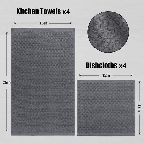 Fintale 100% Cotton Kitchen Towels and Dishcloths Set, 12 x 12 & 15 x 25 Inches, Set of 8 Bulk Super Soft and Absorbent Terry Cloth Dish Towels, Quick Drying Hand Towels with Hanging Loop, Dark Grey in Saudi Arabia